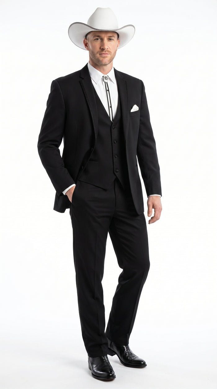 Men’s Black Western Wedding Suit with Vest and Pants, Cowboy Tuxedo Formal Dress Suit