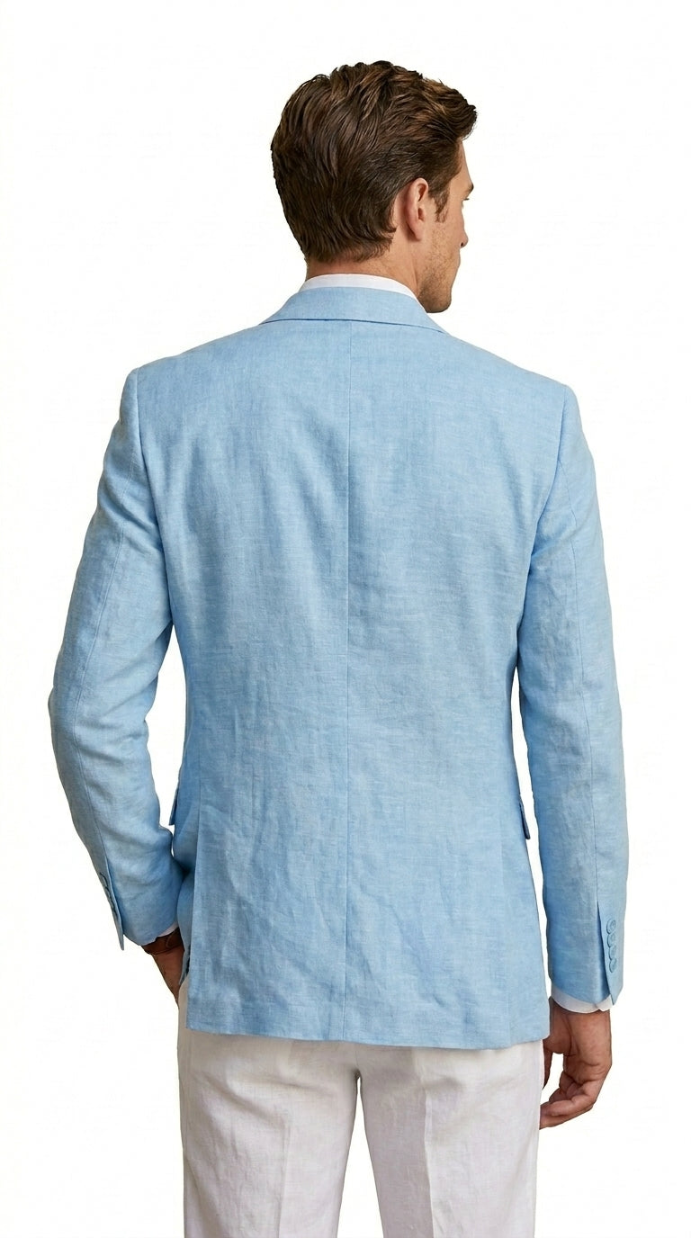 Men’s Sky Blue Linen Style Summer Blazer with Two Button Front, Lightweight Wedding Sport Coat
