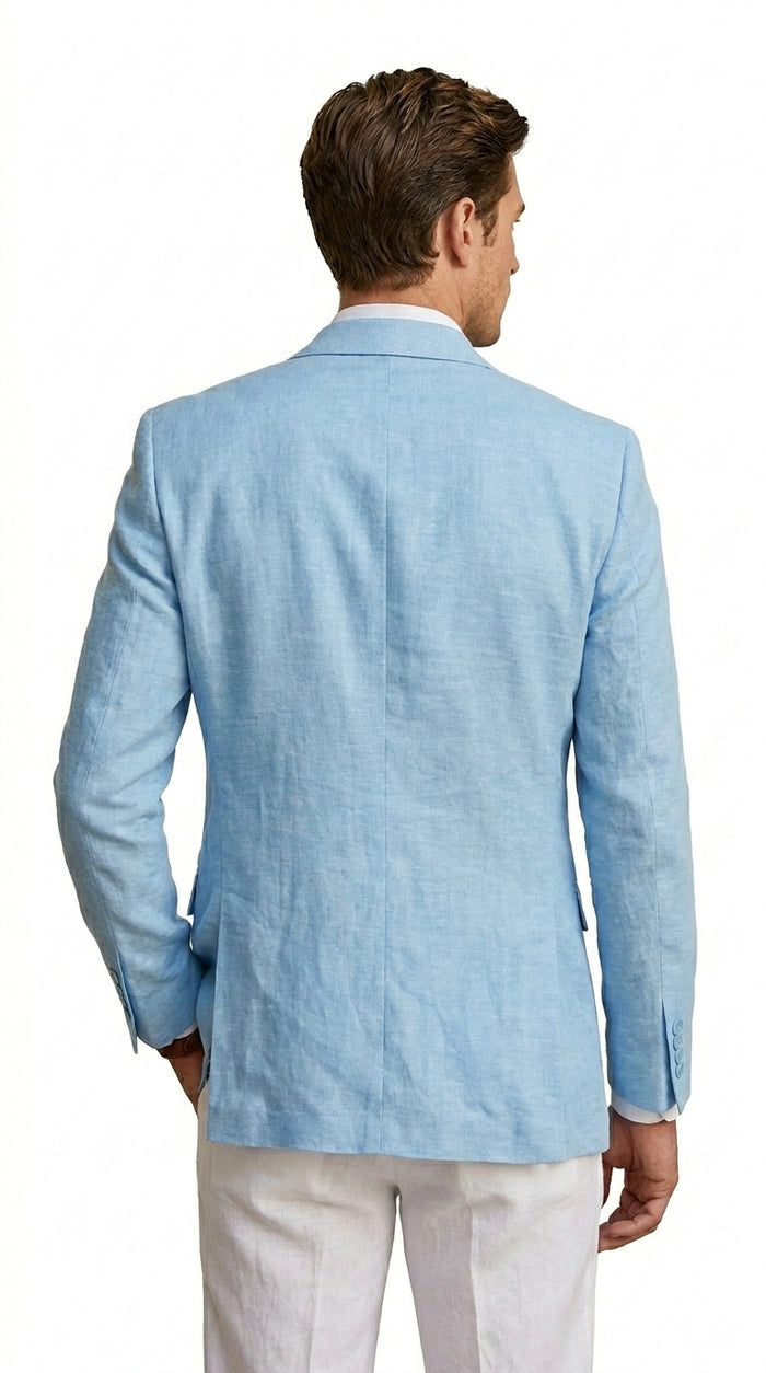 Men’s Sky Blue Linen Style Summer Blazer with Two Button Front, Lightweight Wedding Sport Coat