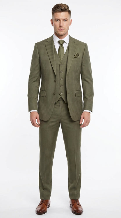 Men’s Olive Green Tone-on-Tone Shadow Pinstripe  3 Piece Suit – Modern Formal Suit with Vest Shadow Stripe