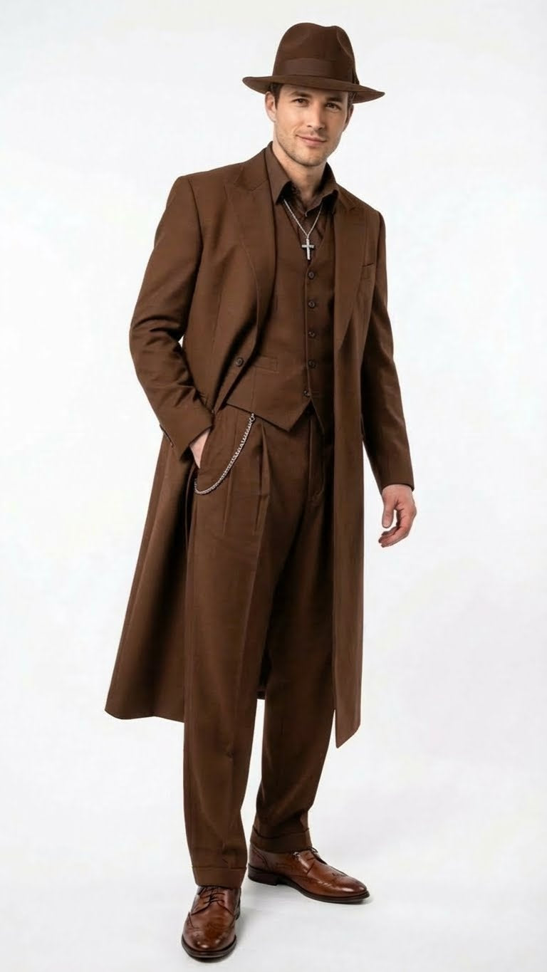 Mens Brown 1920s Zoot Suit  Long Gangster Mafia Suit Vintage Three-Piece Costume Set Pachuco Style