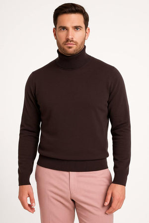 Men's Brown Turtleneck Sweater  Classic Slim Fit Knit Pullover for Fall and Winter