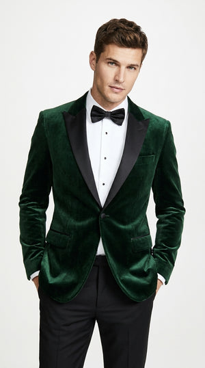 Men’s Olive Green Velvet Tuxedo Dinner Jacket – Black Satin Peak Lapel Formal Prom Wedding Blazer