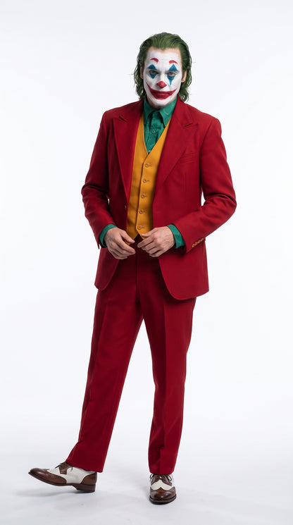 Men's Joker 2019 Red 3-Piece Suit – Joaquin Phoenix Movie-Inspired Costume with Orange Vest & Green Shirt & Tie Package