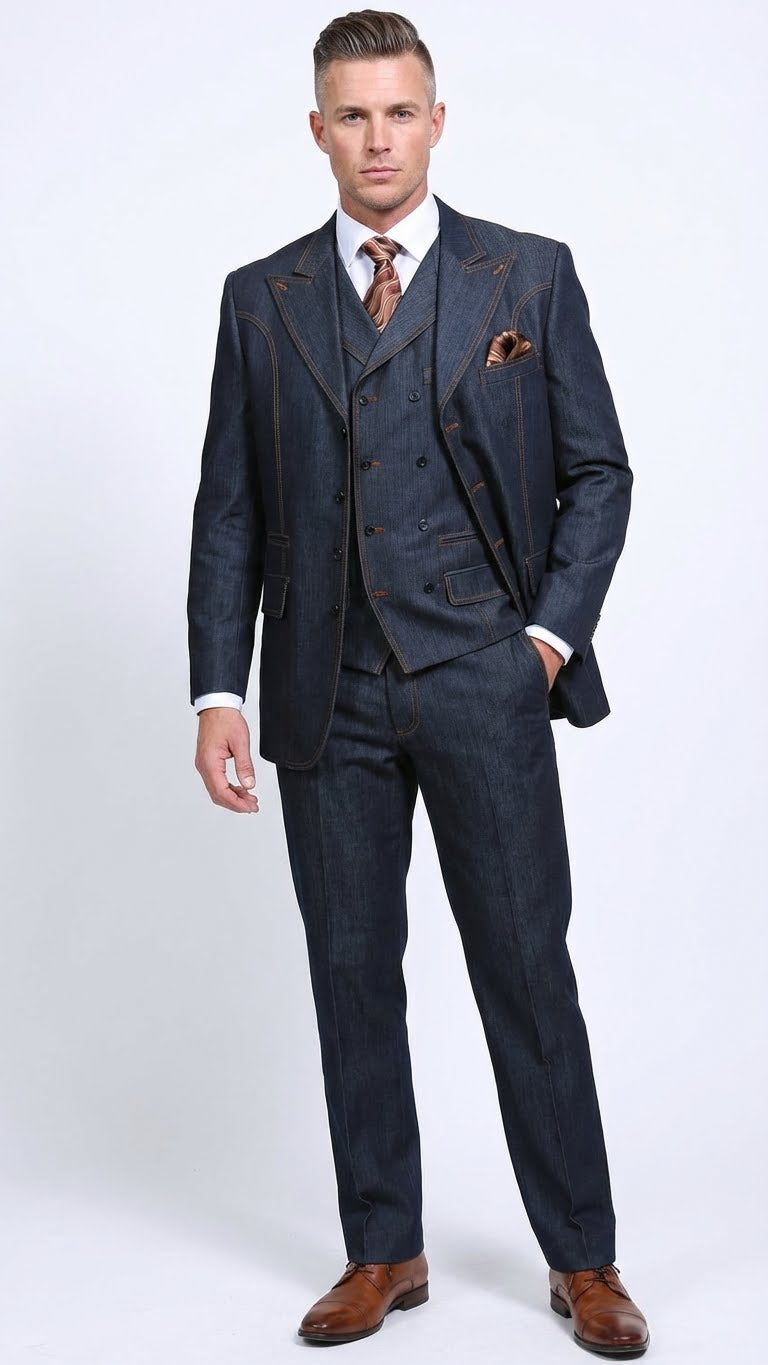 Men’s Dark Denim Blue Fabric Suit – Classic Three Piece Denim Suit for Wedding, Party and Formal Events