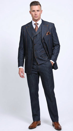 Men’s Dark Denim Blue Fabric Suit – Classic Three Piece Denim Suit for Wedding, Party and Formal Events