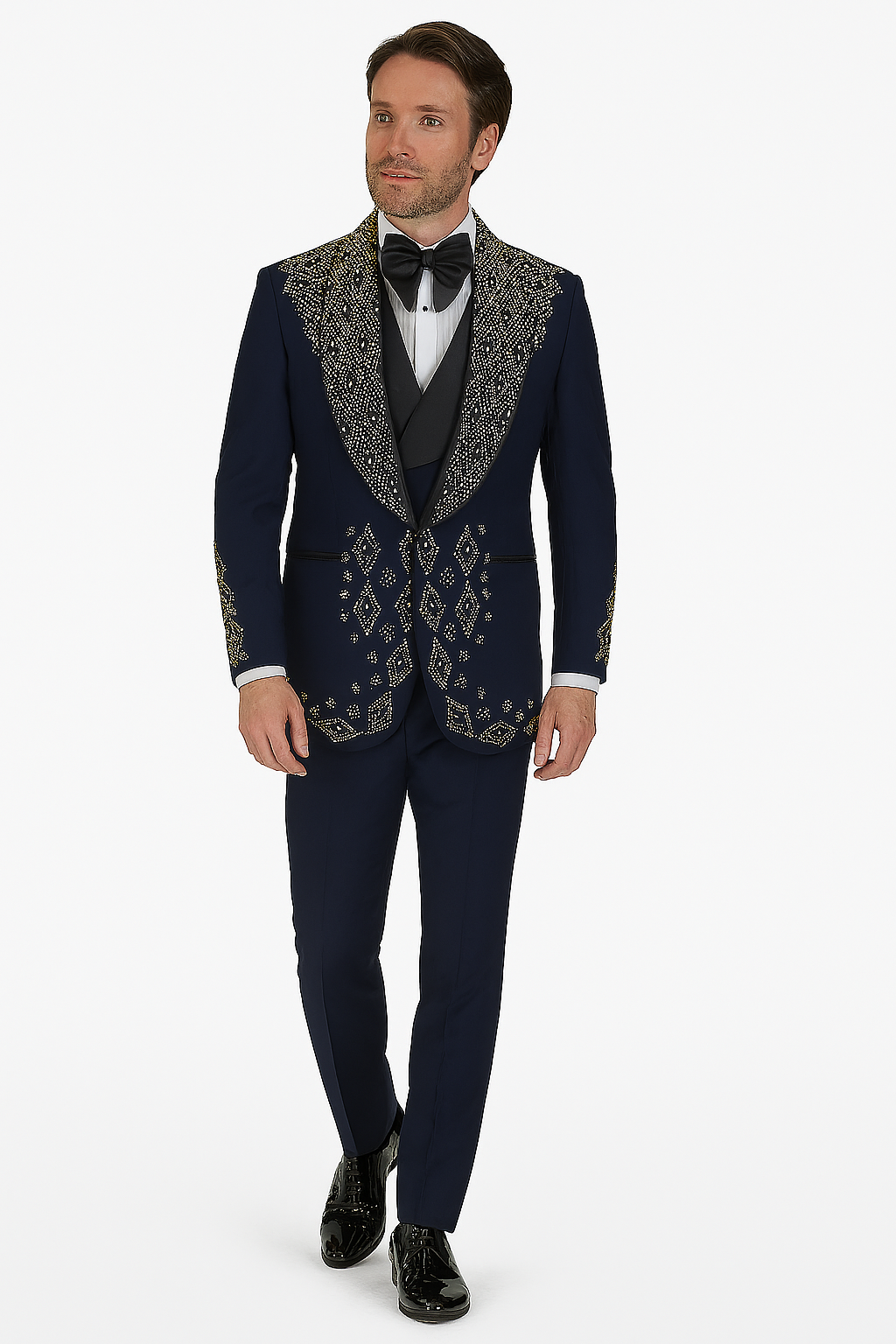 Mens Navy Tuxedo with Gold Embroidery  Slim Fit Formal Dinner Jacket with Shawl Lapel