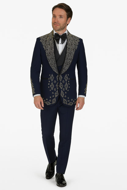 Mens Navy Tuxedo with Gold Embroidery  Slim Fit Formal Dinner Jacket with Shawl Lapel