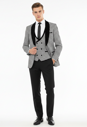Mens Black and White Houndstooth Tuxedo Set with Velvet Shawl Lapel | 3-Piece Formal Suit with Double-Breasted Vest