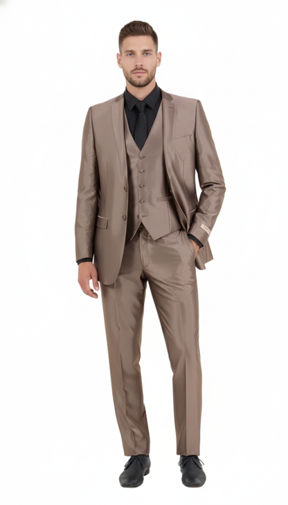 Mens Sateen Shiny Metallic Mocca Taupe Gold Bronze 3-Piece Suit Set  Shiny Finish slim Fit Formal and Party Suit
