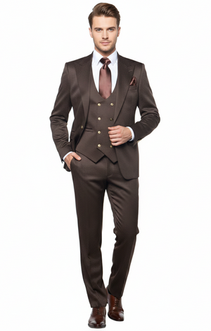 Mens Chocolate Brown Textured 3-Piece Suit  Luxury Double-Breasted Vest Formal Set