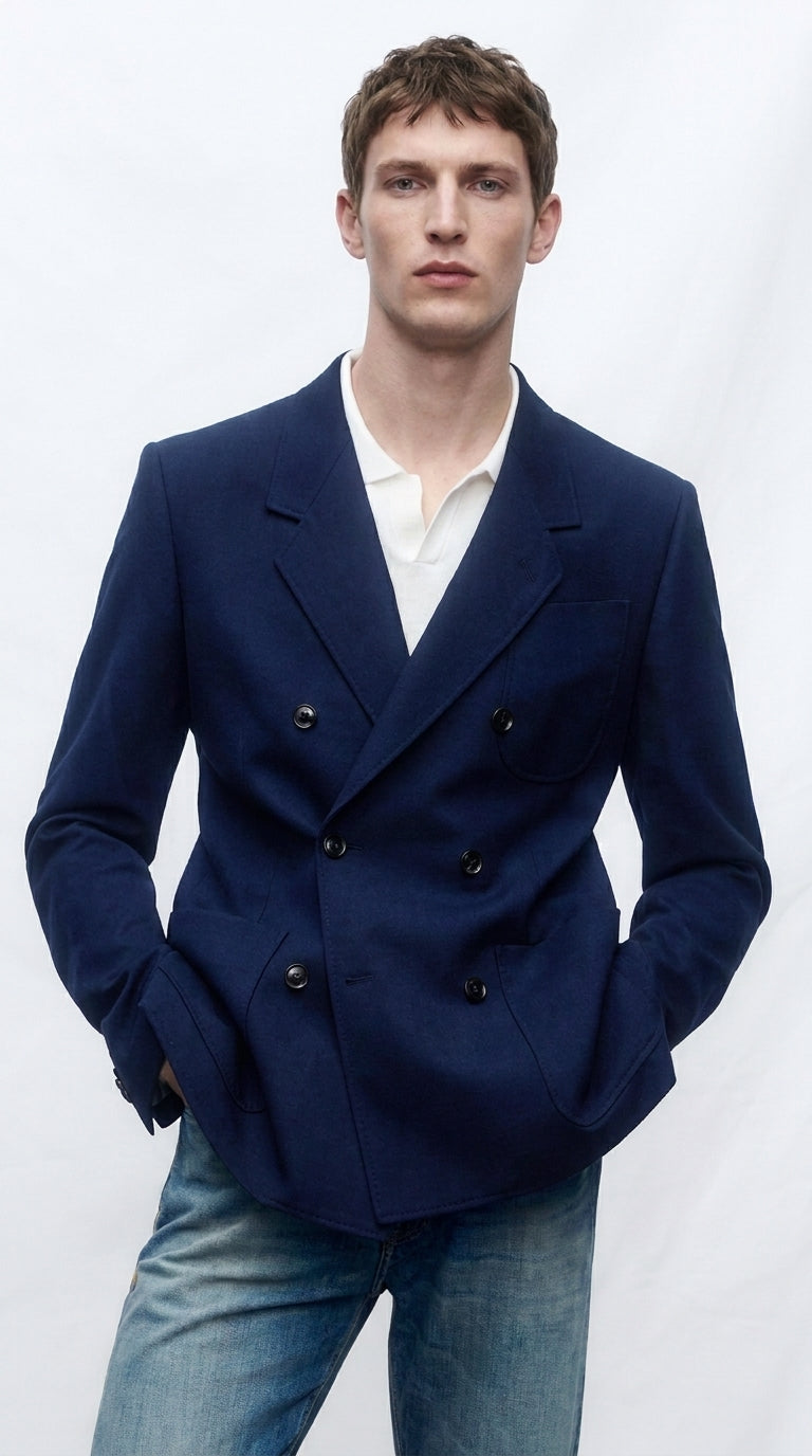 Men’s Navy Blue Double Breasted Blazer – Formal Sport Coat