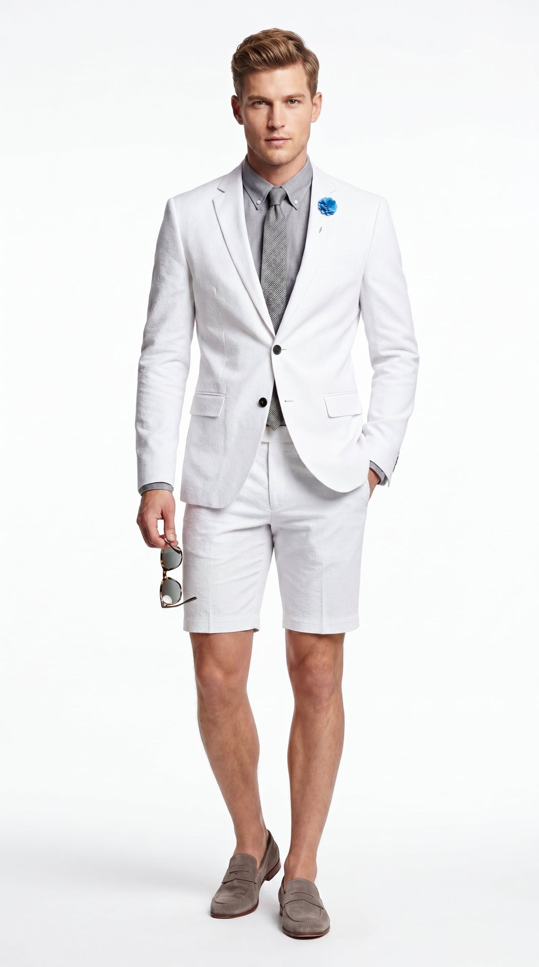 Men's Cotton Fabric White 2 Piece Summer Suit With Shorts, Casual Beach Wedding and Resort Formal Outfit for Men