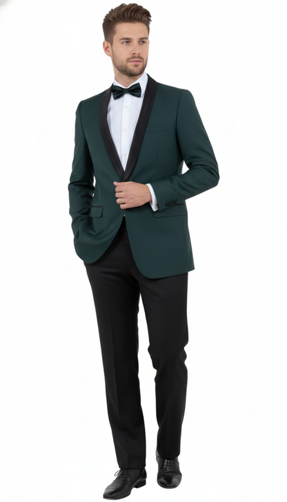 Mens Green Tuxedo Suit  Slim Fit Jacket with Black Satin Shawl Lapel and Black Pants in Hunter Green