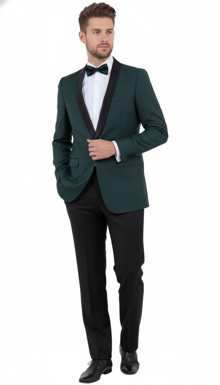 Mens Green Tuxedo Suit  Slim Fit Jacket with Black Satin Shawl Lapel and Black Pants in Hunter Green