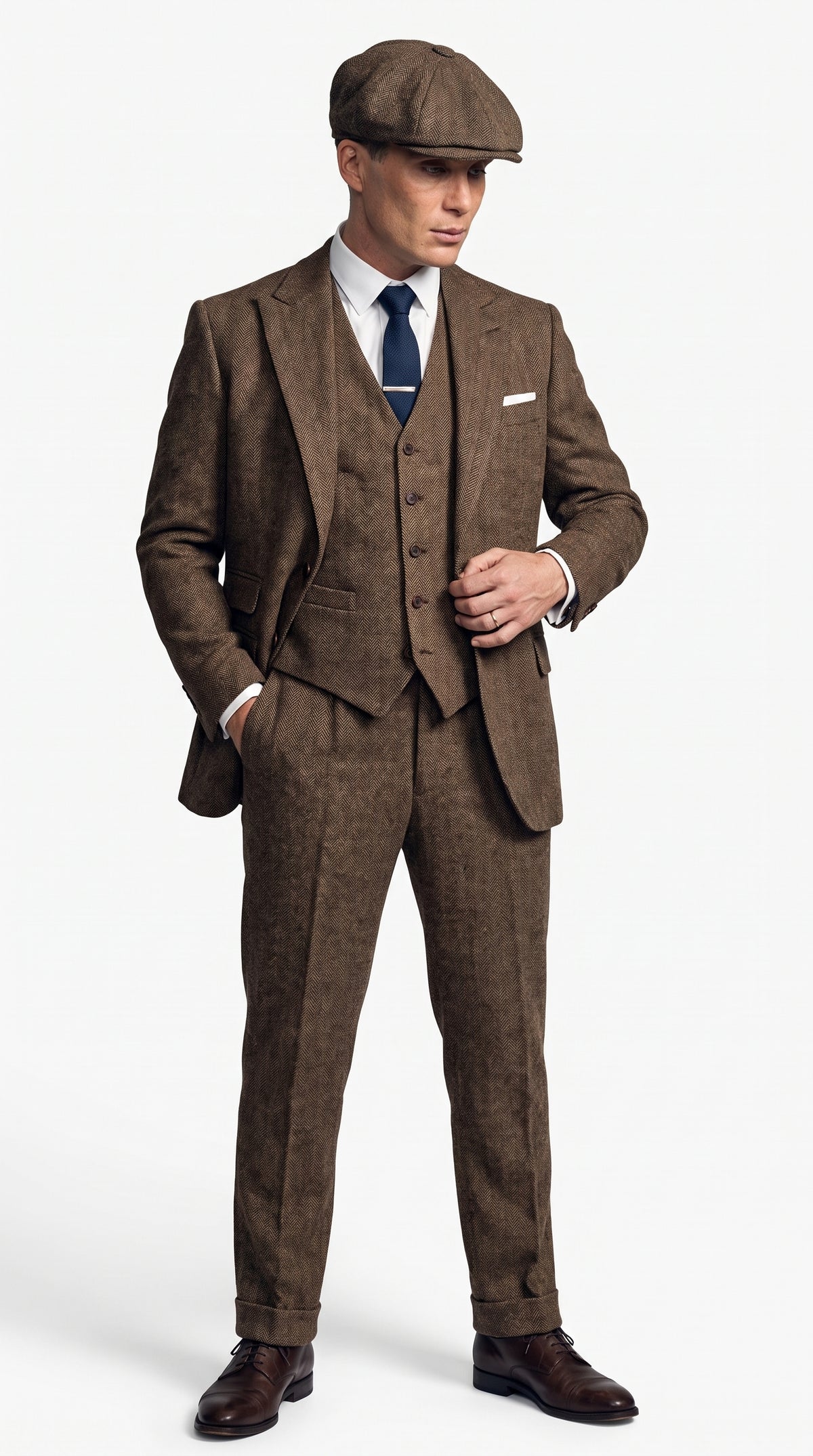 Men's Thomas Shelby Brown Herringbone 3-Piece Suit – Peaky Blinders 1920s Vintage-Style Suit with Matching Vest & Trousers