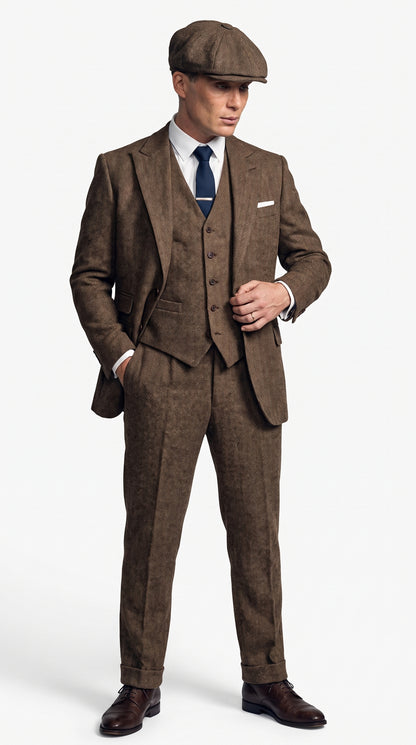 Men's Thomas Shelby Brown Herringbone 3-Piece Suit – Peaky Blinders 1920s Vintage-Style Suit with Matching Vest & Trousers