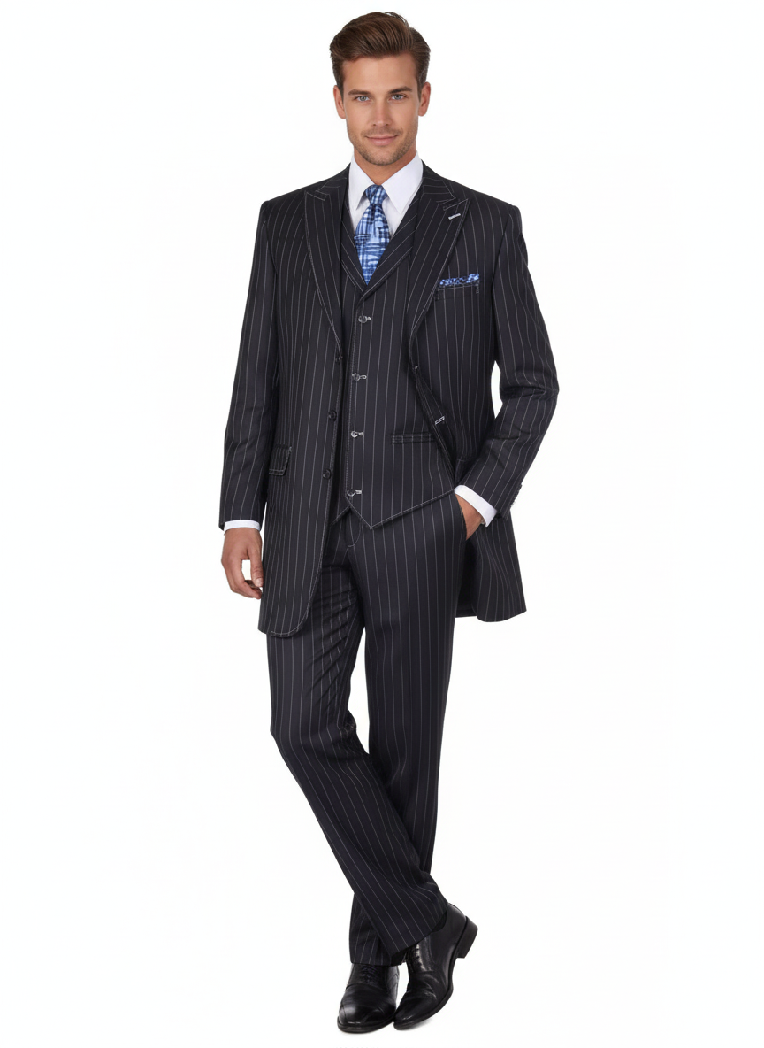 Men’s Three Button Suits -  Navy Blue Pinstripe Three-Piece Suit – Classic Business and Formal Wear - Zoot Suit