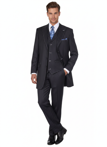 Men’s Three Button Suits -  Navy Blue Pinstripe Three-Piece Suit – Classic Business and Formal Wear - Zoot Suit