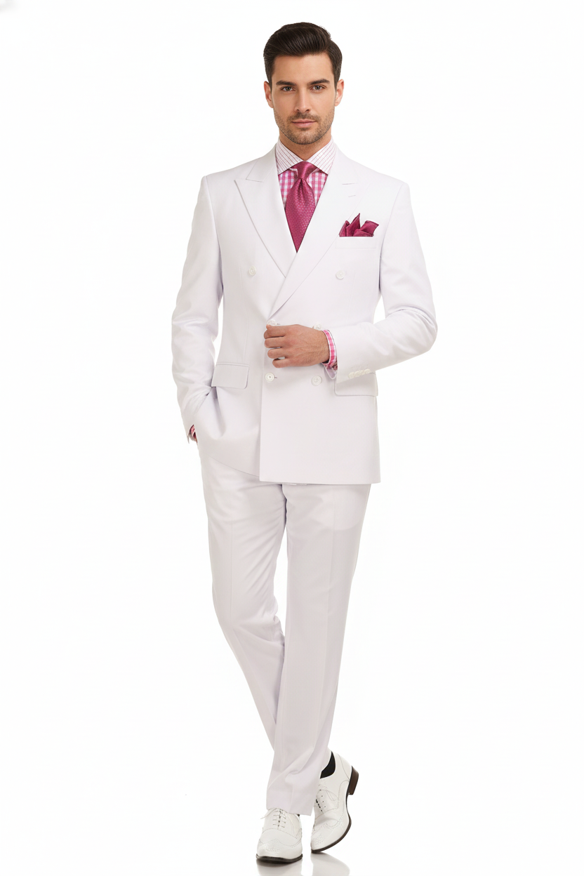 Mens White Double-Breasted 3-Piece Suit Set  Premium Tailored Fit Formal Wedding and Evening Suit