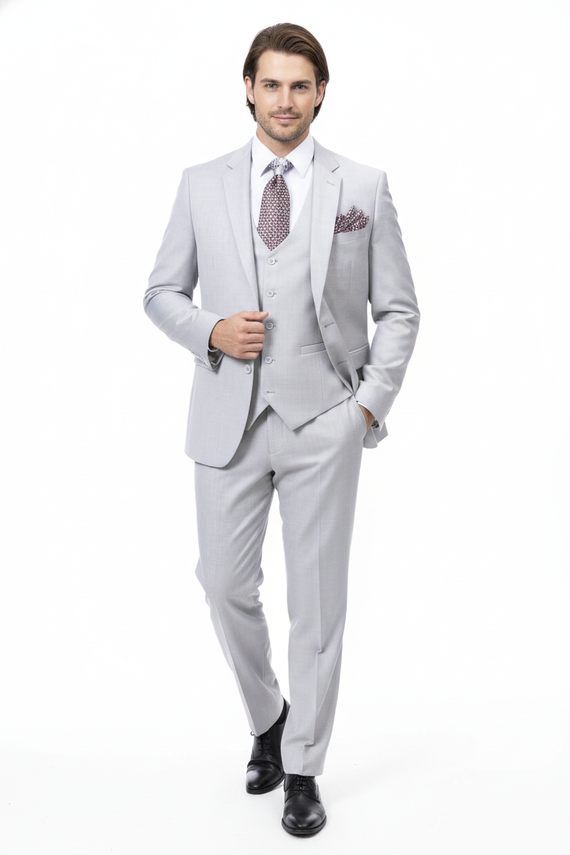Mens Very Light Gray Three-Piece  Wedding Suit 2 Buttons Modern or Slim Fit  Ash Bone Color Steel Grey