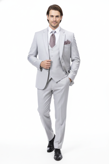 Mens Very Light Gray Three-Piece  Wedding Suit 2 Buttons Modern or Slim Fit  Ash Bone Color Steel Grey
