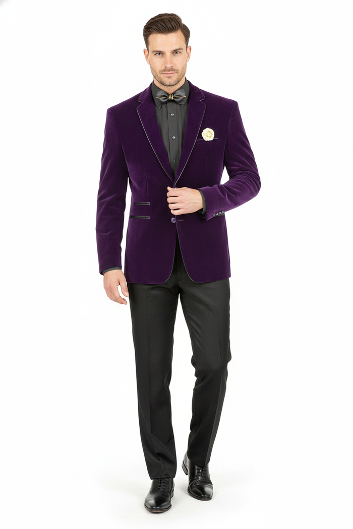 Mens Purple Velvet Blazer  Luxury Slim Fit Formal Jacket with Black Satin Trim Tuxedo Dinner Jacket