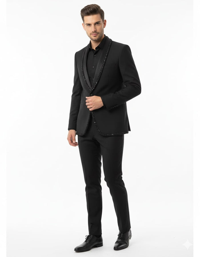 Mens Classic Black Designer Tuxedo Suit with Beaded Lapel  Elegant Formal and Party Wear Jacket and Pants