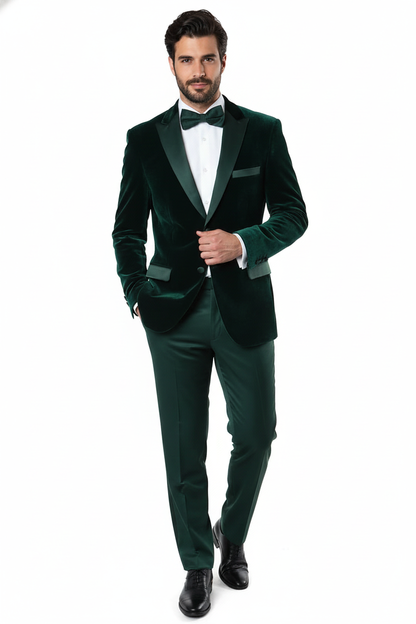 Mens Dark Green Velvet Tuxedo Dinner Jacket  Slim Fit Formal Blazer with Satin Peak Lapel Lape
