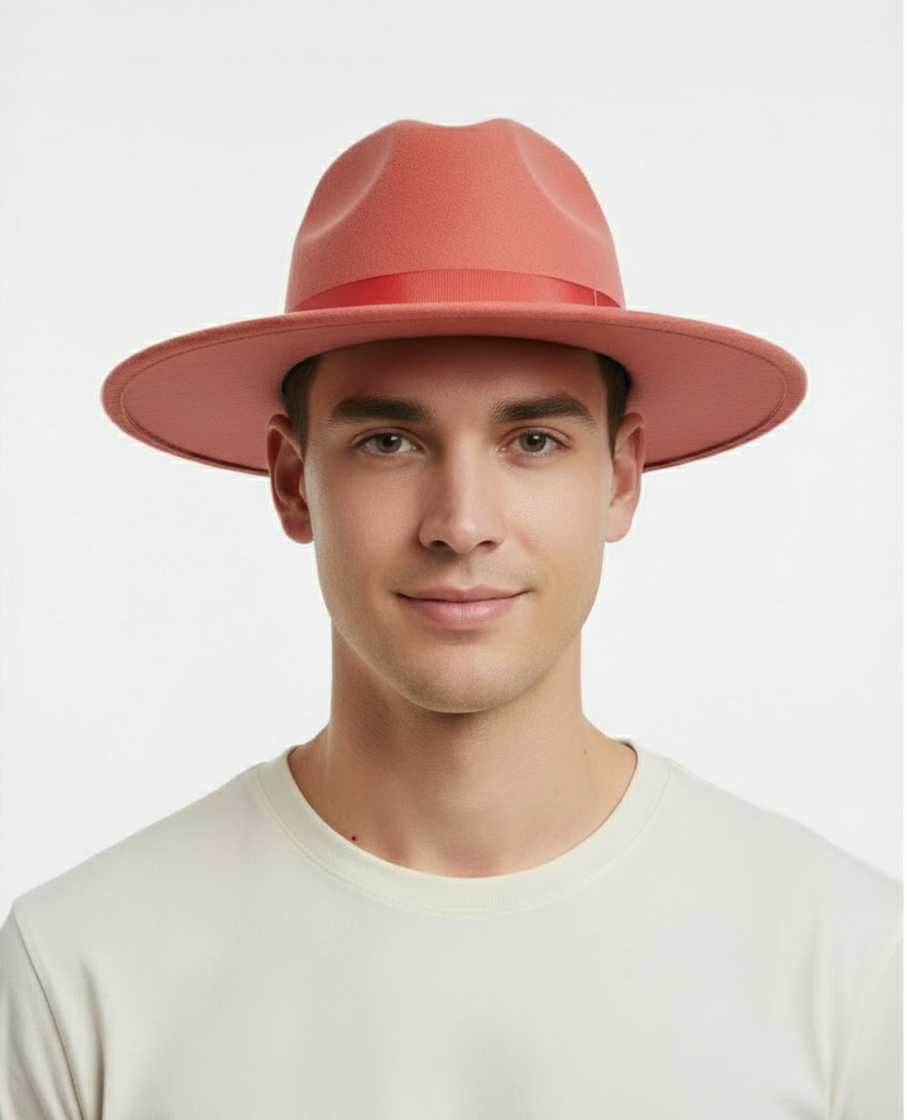 Mens Coral Pink Wide Brim Fedora Hat Wool Felt Dress Hat with Red Ribbon Band