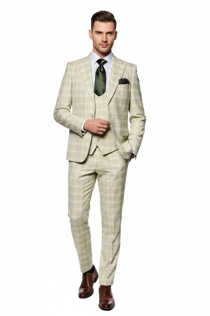 Mens Light Beige Check 3-Piece Suit Set  Premium Tailored Fit Formal Wedding and Spring Event Suit Light Tan Sand Color By Rossiman