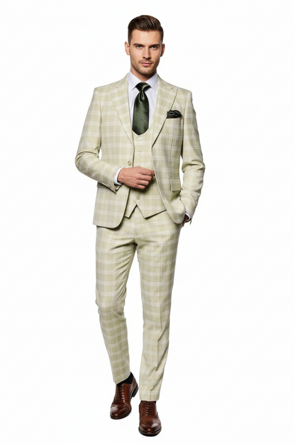 Mens Light Beige Check 3-Piece Suit Set  Premium Tailored Fit Formal Wedding and Spring Event Suit Light Tan Sand Color By Rossiman