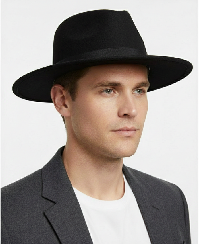 Mens Black Wide Brim Fedora Hat Classic Wool Felt Dress Hat with Matching Black Band