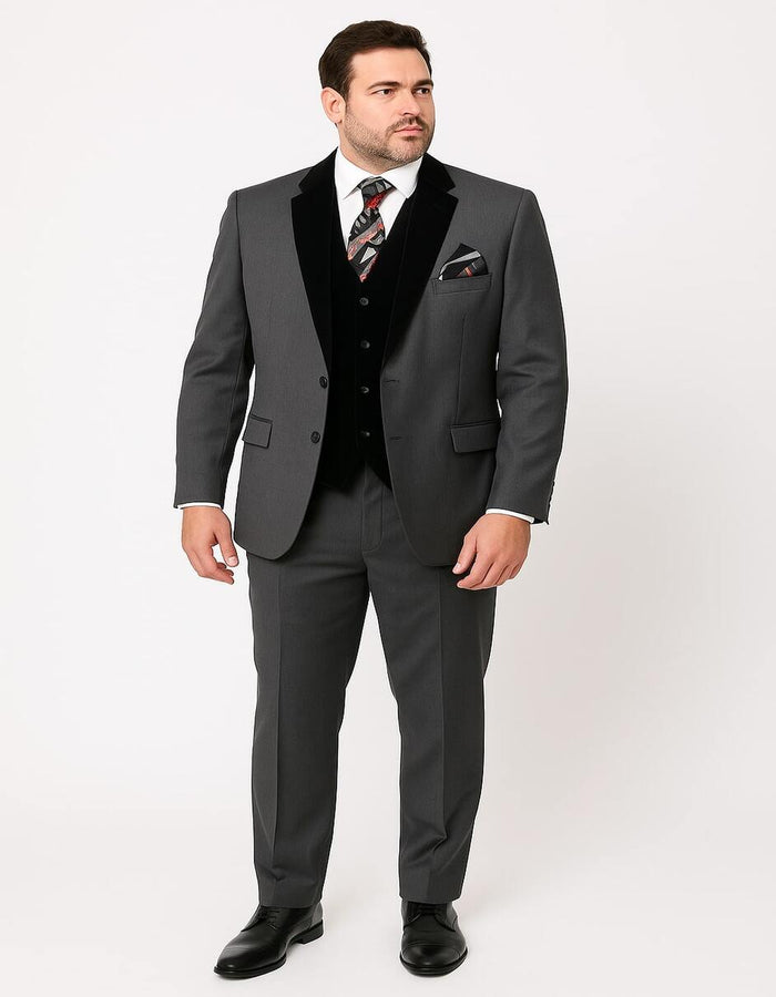 Men's Charcoal Gray 3-Piece Suit with Black Velvet Lapel  Formal Business and Wedding Attire - Gray Tuxedo