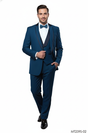 Mens Teal Blue Tuxedo  3-Piece Formal Suit with Satin Shawl Lapel, Vest, and Pants in Saphire Cobalt Blue Color