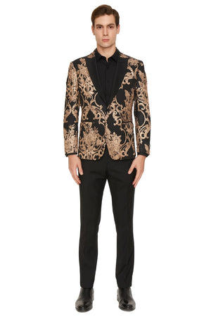 Mens Black and Rose Gold Floral Embroidered Blazer Suit Black Pants  Luxury Tuxedo Jacket for Weddings, Proms and Parties