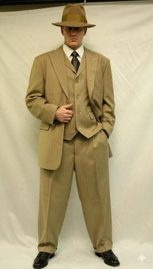 Mens Tan Pinstripe Zoot Suit  1920s Gangster Vintage 3-Piece Suit with Wide-Leg Pants