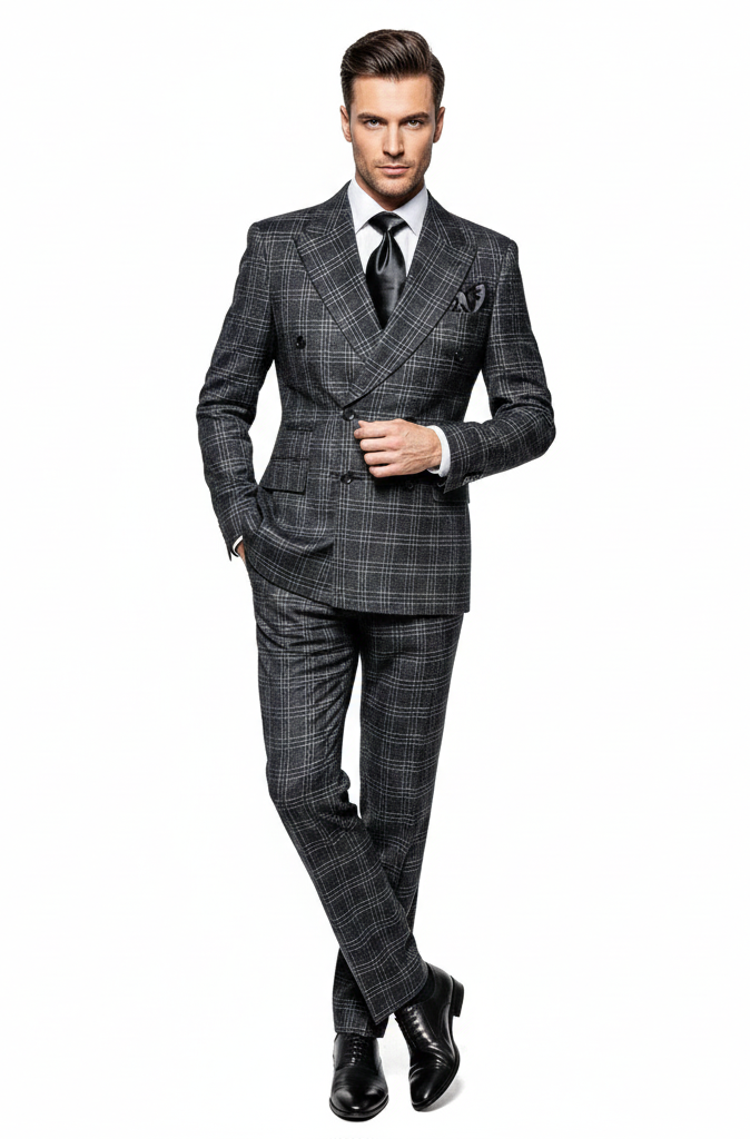 Mens Charcoal Plaid Double-Breasted Suit   Tailored Pants Windowpane Pattern By Rossiman