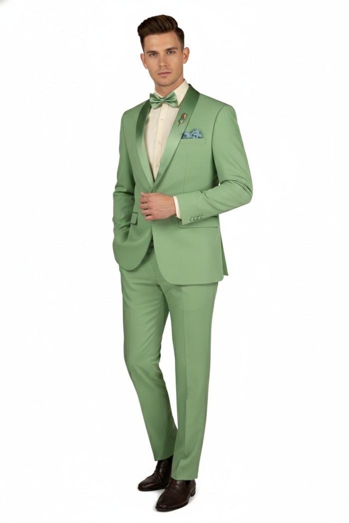 Mens Mint Green Tuxedo  2-Piece Formal Suit with Satin Shawl Lapel and Matching Bow Tie in  Sage Green