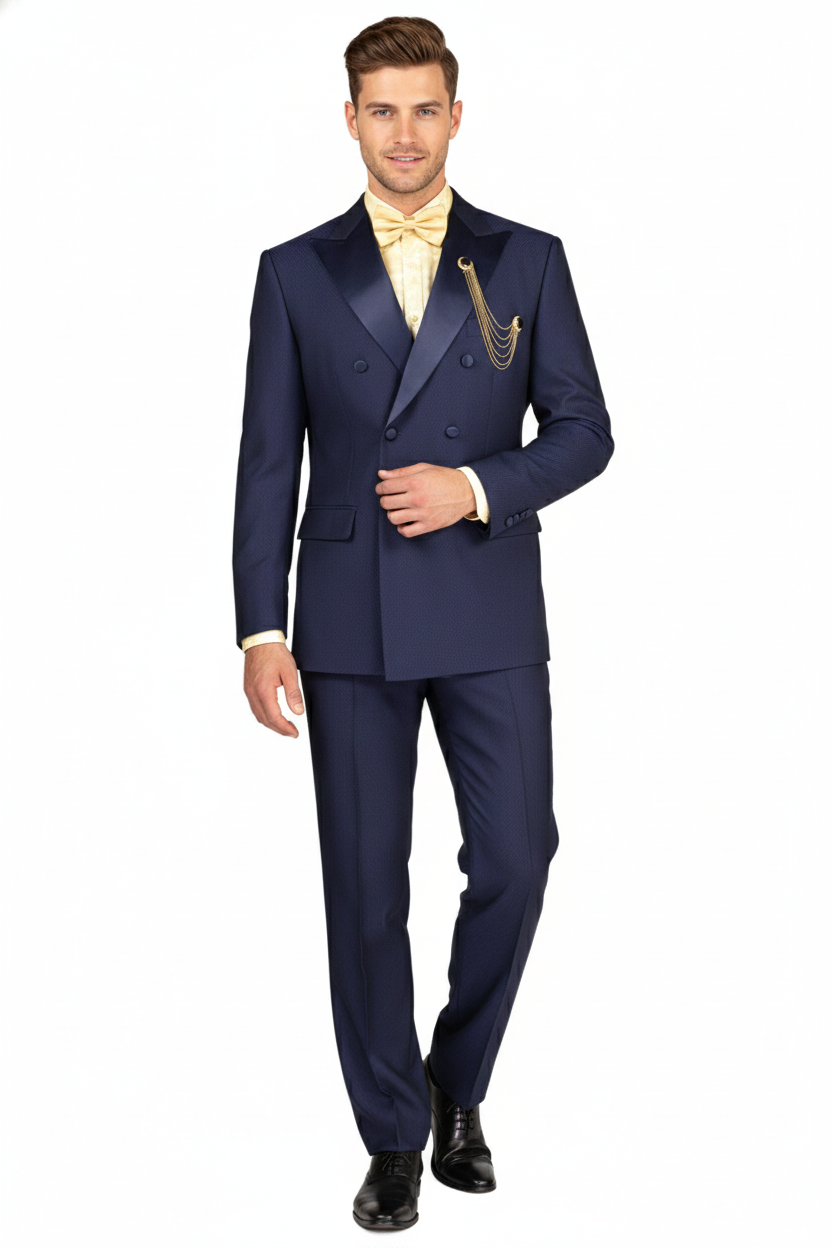 Mens Navy Blue Double-Breasted Tuxedo with navy Satin Peak Lapel Wedding Suit