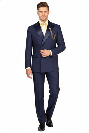 Mens Navy Blue Double-Breasted Tuxedo with navy Satin Peak Lapel Wedding Suit