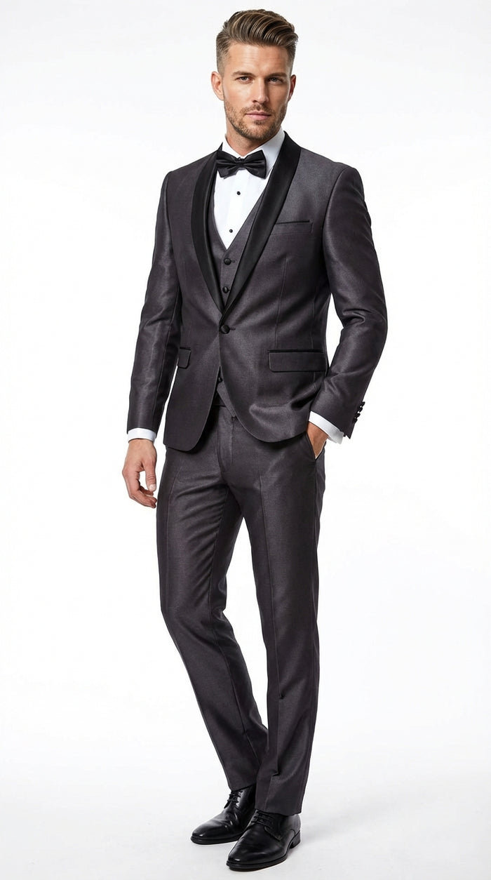 Men’s Shiny Sateen Charcoal Gray Tuxedo Three Piece Suit with Black Shawl Lapel | Formal Wedding Prom Suit Sharkskin