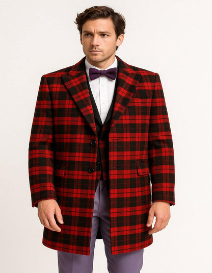 Mens Red and Black Plaid Wool Overcoat  Tartan Texture Fabric Christmas Carcoat
