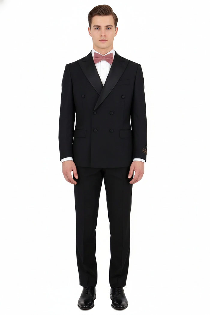 Tiglio Brand 100% Wool Super 150s Italian fabric Mens Classic Black Double-Breasted Tuxedo with Satin Peak Lapel  Formal Wedding & Gala Suit Set