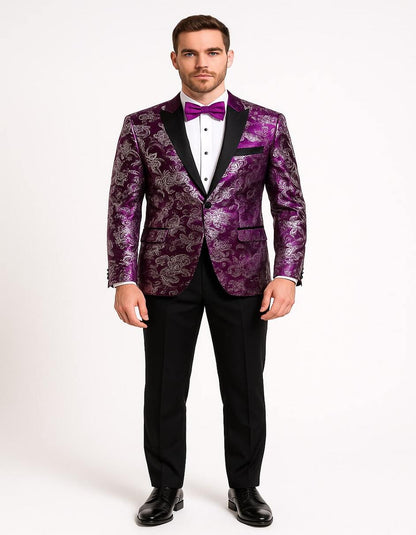 Men's Pinkish ~ Purple Paisley Tuxedo Jacket with Black Satin Lapel  Formal Prom and Wedding Blazer in Meganta Color