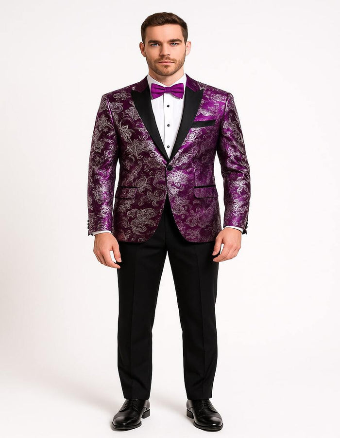 Men's Pinkish ~ Purple Paisley Tuxedo Jacket with Black Satin Lapel  Formal Prom and Wedding Blazer in Meganta Color