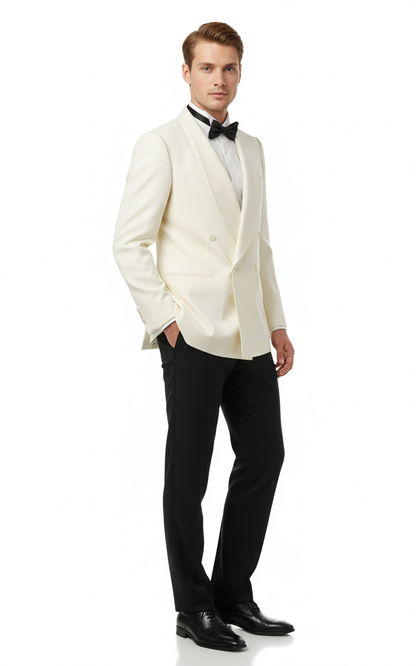 Mens Ivory Double-Breasted Shawl Lapel Tuxedo Jacket | Premium Formal Dinner Jacket for Weddings and Black-Tie Events