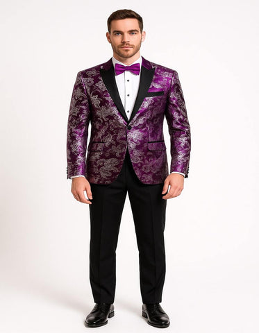 Men's Pinkish ~ Purple Paisley Tuxedo Jacket with Black Satin Lapel – Formal Prom and Wedding Blazer in Meganta Color