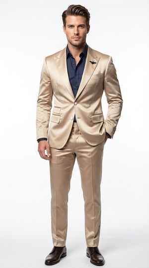 Mens Shiny Champagne Gold Two Piece Suit – Luxury Formal Satin Finish Suit for Wedding, Party and Evening Wear