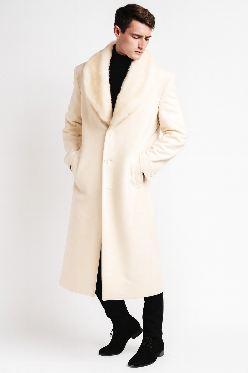 Mens Ivory - Cream - Off White Full-Length Overcoat with Luxurious Faux Fur Shawl Collar  Winter Dress Coat